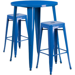 English Elm Boyd Commercial Grade 3-Piece Metal Bar Table Set for Indoor-Outdoor Dining, Durable & Stylish Blue 30" Round CH-51090BH-2-30SQST-BL-GG