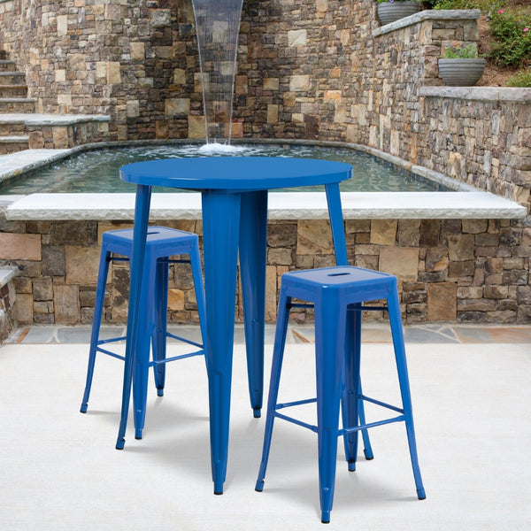 English Elm Boyd Commercial Grade 3-Piece Metal Bar Table Set for Indoor-Outdoor Dining, Durable & Stylish Blue 30" Round CH-51090BH-2-30SQST-BL-GG