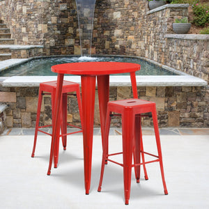 English Elm Boyd Commercial Grade 3-Piece Metal Bar Table Set for Indoor-Outdoor Dining, Durable & Stylish Red 30" Round CH-51090BH-2-30SQST-RED-GG