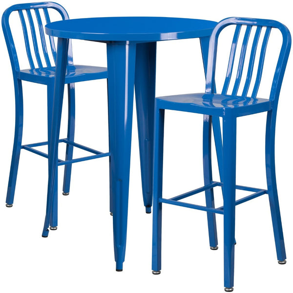 English Elm Brad Commercial Grade Metal Bar Table Set with Two Vertical Slat Stools for Indoor-Outdoor Use Blue 30" Round CH-51090BH-2-30VRT-BL-GG