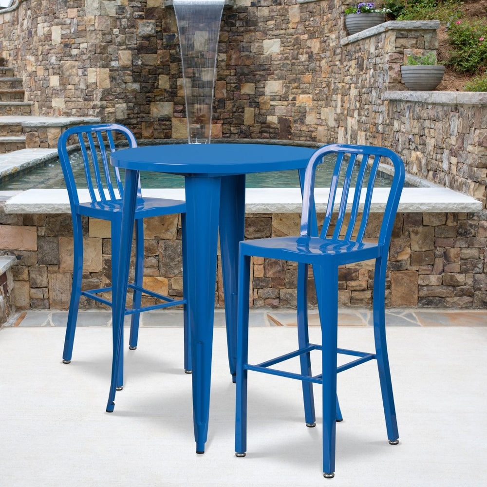 English Elm Brad Commercial Grade Metal Bar Table Set with Two Vertical Slat Stools for Indoor-Outdoor Use Blue 30" Round CH-51090BH-2-30VRT-BL-GG