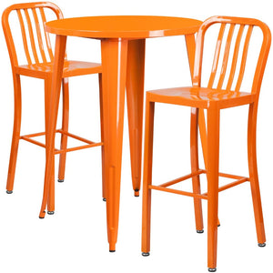 English Elm Brad Commercial Grade Metal Bar Table Set with Two Vertical Slat Stools for Indoor-Outdoor Use Orange 30" Round CH-51090BH-2-30VRT-OR-GG