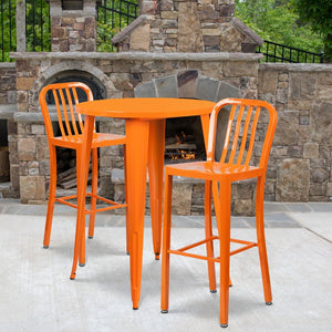English Elm Brad Commercial Grade Metal Bar Table Set with Two Vertical Slat Stools for Indoor-Outdoor Use Orange 30" Round CH-51090BH-2-30VRT-OR-GG
