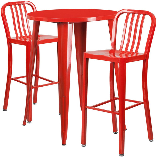 English Elm Brad Commercial Grade Metal Bar Table Set with Two Vertical Slat Stools for Indoor-Outdoor Use Red 30" Round CH-51090BH-2-30VRT-RED-GG