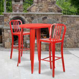 English Elm Brad Commercial Grade Metal Bar Table Set with Two Vertical Slat Stools for Indoor-Outdoor Use Red 30" Round CH-51090BH-2-30VRT-RED-GG