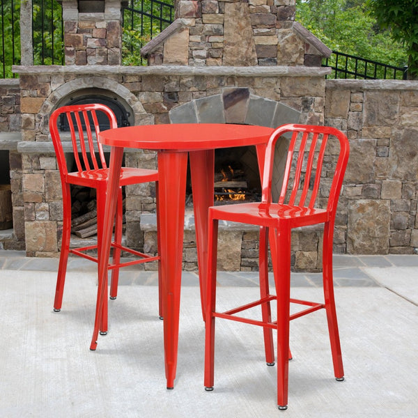 English Elm Brad Commercial Grade Metal Bar Table Set with Two Vertical Slat Stools for Indoor-Outdoor Use Red 30" Round CH-51090BH-2-30VRT-RED-GG