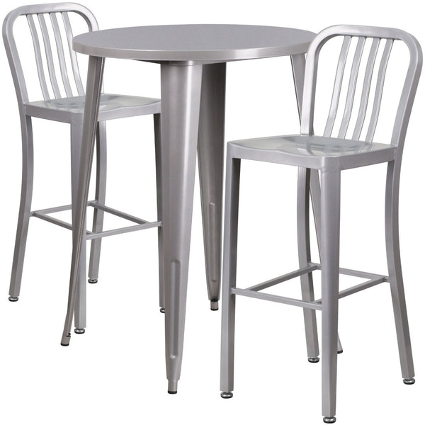 English Elm Brad Commercial Grade Metal Bar Table Set with Two Vertical Slat Stools for Indoor-Outdoor Use Silver 30" Round CH-51090BH-2-30VRT-SIL-GG