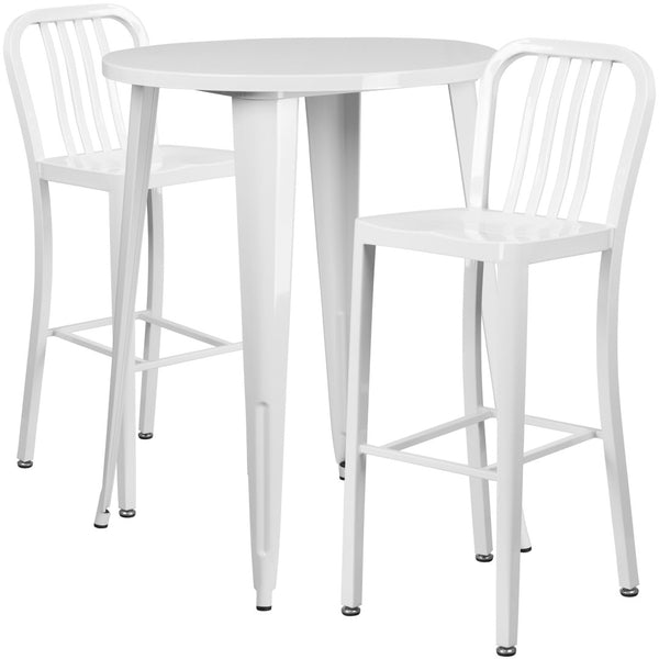 English Elm Brad Commercial Grade Metal Bar Table Set with Two Vertical Slat Stools for Indoor-Outdoor Use White 30" Round CH-51090BH-2-30VRT-WH-GG