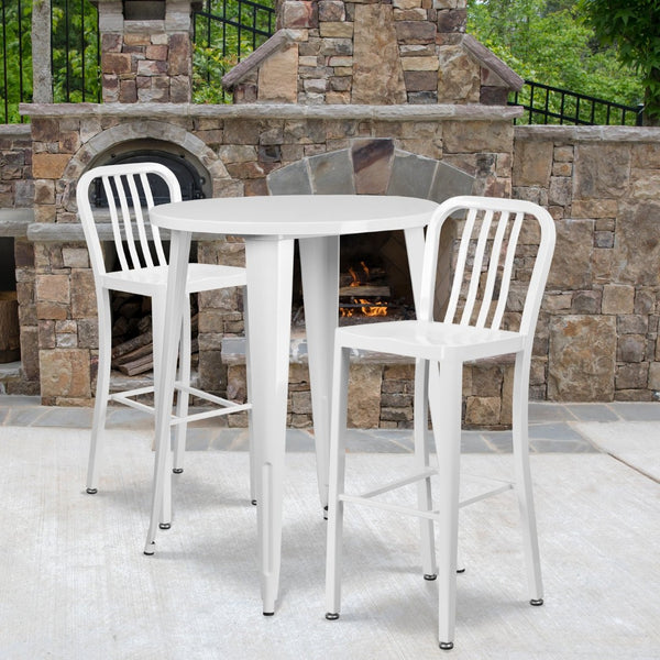 English Elm Brad Commercial Grade Metal Bar Table Set with Two Vertical Slat Stools for Indoor-Outdoor Use White 30" Round CH-51090BH-2-30VRT-WH-GG