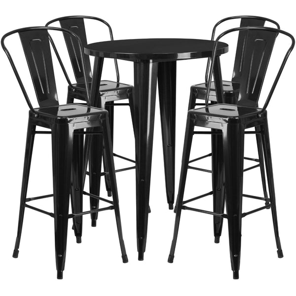 English Elm Callum Commercial-Grade 5-Piece Bar Table Set with Ergonomic Stools for Indoor and Outdoor Use Black 30" Round CH-51090BH-4-30CAFE-BK-GG
