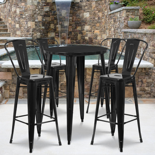 English Elm Callum Commercial-Grade 5-Piece Bar Table Set with Ergonomic Stools for Indoor and Outdoor Use Black 30" Round CH-51090BH-4-30CAFE-BK-GG