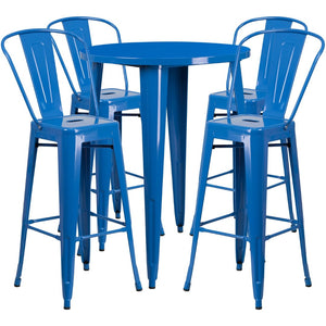 English Elm Callum Commercial-Grade 5-Piece Bar Table Set with Ergonomic Stools for Indoor and Outdoor Use Blue 30" Round CH-51090BH-4-30CAFE-BL-GG