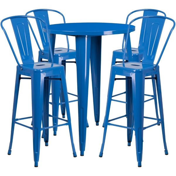 English Elm Callum Commercial-Grade 5-Piece Bar Table Set with Ergonomic Stools for Indoor and Outdoor Use Blue 30" Round CH-51090BH-4-30CAFE-BL-GG