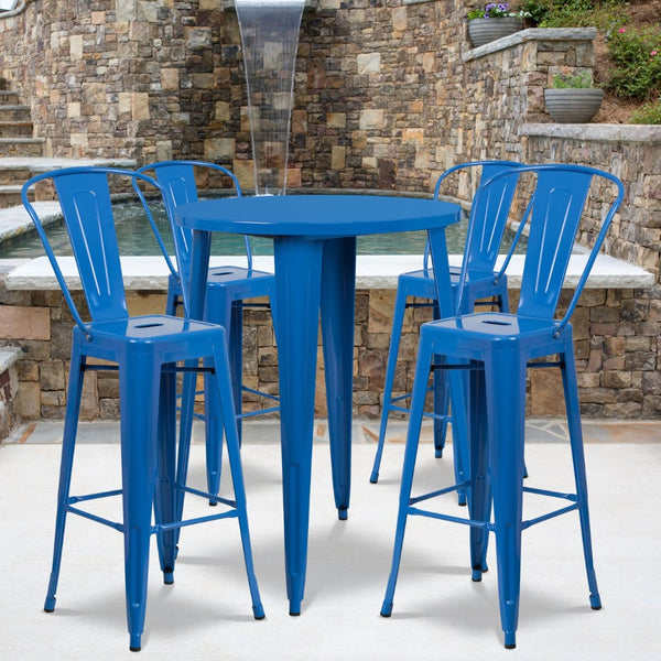 English Elm Callum Commercial-Grade 5-Piece Bar Table Set with Ergonomic Stools for Indoor and Outdoor Use Blue 30" Round CH-51090BH-4-30CAFE-BL-GG