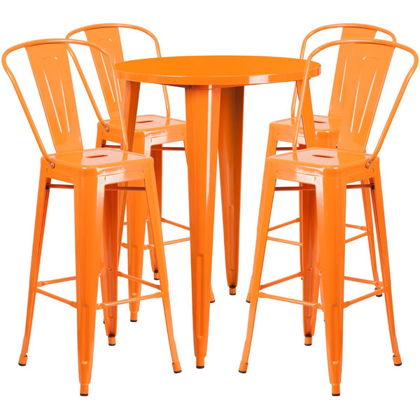 English Elm Callum Commercial-Grade 5-Piece Bar Table Set with Ergonomic Stools for Indoor and Outdoor Use Orange 30" Round CH-51090BH-4-30CAFE-OR-GG