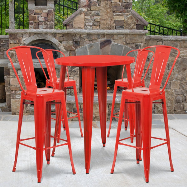 English Elm Callum Commercial-Grade 5-Piece Bar Table Set with Ergonomic Stools for Indoor and Outdoor Use Red 30" Round CH-51090BH-4-30CAFE-RED-GG