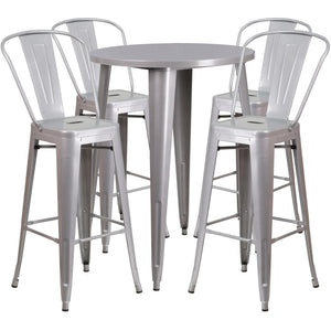 English Elm Callum Commercial-Grade 5-Piece Bar Table Set with Ergonomic Stools for Indoor and Outdoor Use Silver 30" Round CH-51090BH-4-30CAFE-SIL-GG