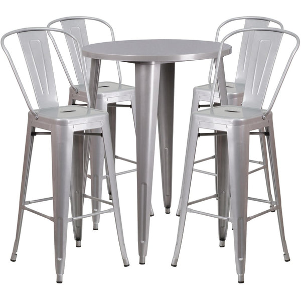 English Elm Callum Commercial-Grade 5-Piece Bar Table Set with Ergonomic Stools for Indoor and Outdoor Use Silver 30" Round CH-51090BH-4-30CAFE-SIL-GG