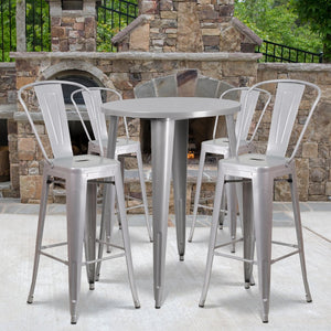 English Elm Callum Commercial-Grade 5-Piece Bar Table Set with Ergonomic Stools for Indoor and Outdoor Use Silver 30" Round CH-51090BH-4-30CAFE-SIL-GG