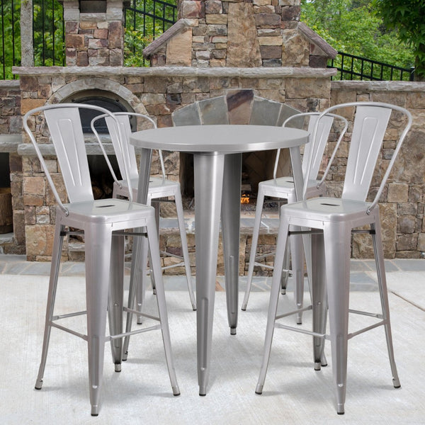 English Elm Callum Commercial-Grade 5-Piece Bar Table Set with Ergonomic Stools for Indoor and Outdoor Use Silver 30" Round CH-51090BH-4-30CAFE-SIL-GG
