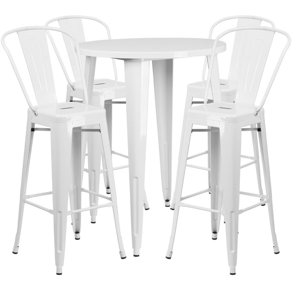 English Elm Callum Commercial-Grade 5-Piece Bar Table Set with Ergonomic Stools for Indoor and Outdoor Use White 30" Round CH-51090BH-4-30CAFE-WH-GG