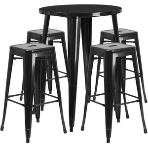 English Elm Coby Commercial-Grade 5-Piece Bar Table Set with Sturdy Round Table & Stackable Backless Stools Black 30" Round CH-51090BH-4-30SQST-BK-GG
