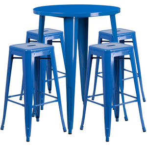 English Elm Coby Commercial-Grade 5-Piece Bar Table Set with Sturdy Round Table & Stackable Backless Stools Blue 30" Round CH-51090BH-4-30SQST-BL-GG