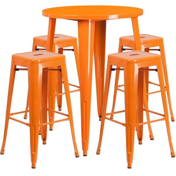 English Elm Coby Commercial-Grade 5-Piece Bar Table Set with Sturdy Round Table & Stackable Backless Stools Orange 30" Round CH-51090BH-4-30SQST-OR-GG
