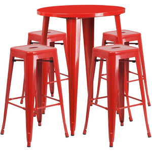 English Elm Coby Commercial-Grade 5-Piece Bar Table Set with Sturdy Round Table & Stackable Backless Stools Red 30" Round CH-51090BH-4-30SQST-RED-GG