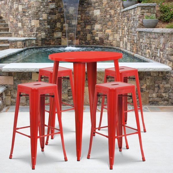 English Elm Coby Commercial-Grade 5-Piece Bar Table Set with Sturdy Round Table & Stackable Backless Stools Red 30" Round CH-51090BH-4-30SQST-RED-GG