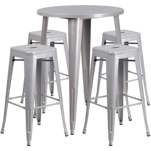 English Elm Coby Commercial-Grade 5-Piece Bar Table Set with Sturdy Round Table & Stackable Backless Stools Silver 30" Round CH-51090BH-4-30SQST-SIL-GG