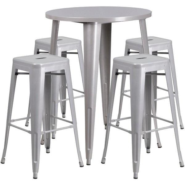 English Elm Coby Commercial-Grade 5-Piece Bar Table Set with Sturdy Round Table & Stackable Backless Stools Silver 30" Round CH-51090BH-4-30SQST-SIL-GG