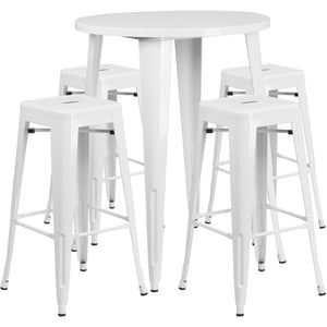 English Elm Coby Commercial-Grade 5-Piece Bar Table Set with Sturdy Round Table & Stackable Backless Stools White 30" Round CH-51090BH-4-30SQST-WH-GG