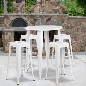 English Elm Coby Commercial-Grade 5-Piece Bar Table Set with Sturdy Round Table & Stackable Backless Stools White 30" Round CH-51090BH-4-30SQST-WH-GG