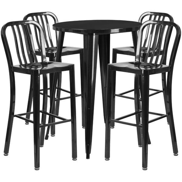 English Elm Tristan Commercial Grade Metal Indoor-Outdoor Bar Table Set with 4 Stylish Vertical Slat Stools Black 30" Round CH-51090BH-4-30VRT-BK-GG