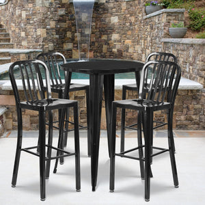 English Elm Tristan Commercial Grade Metal Indoor-Outdoor Bar Table Set with 4 Stylish Vertical Slat Stools Black 30" Round CH-51090BH-4-30VRT-BK-GG
