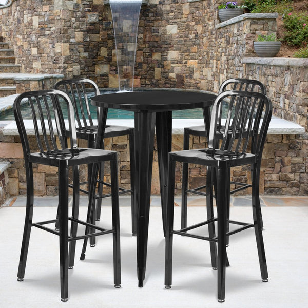 English Elm Tristan Commercial Grade Metal Indoor-Outdoor Bar Table Set with 4 Stylish Vertical Slat Stools Black 30" Round CH-51090BH-4-30VRT-BK-GG