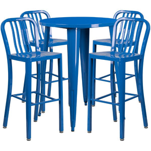 English Elm Tristan Commercial Grade Metal Indoor-Outdoor Bar Table Set with 4 Stylish Vertical Slat Stools Blue 30" Round CH-51090BH-4-30VRT-BL-GG