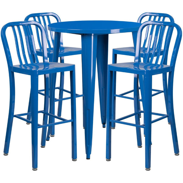 English Elm Tristan Commercial Grade Metal Indoor-Outdoor Bar Table Set with 4 Stylish Vertical Slat Stools Blue 30" Round CH-51090BH-4-30VRT-BL-GG