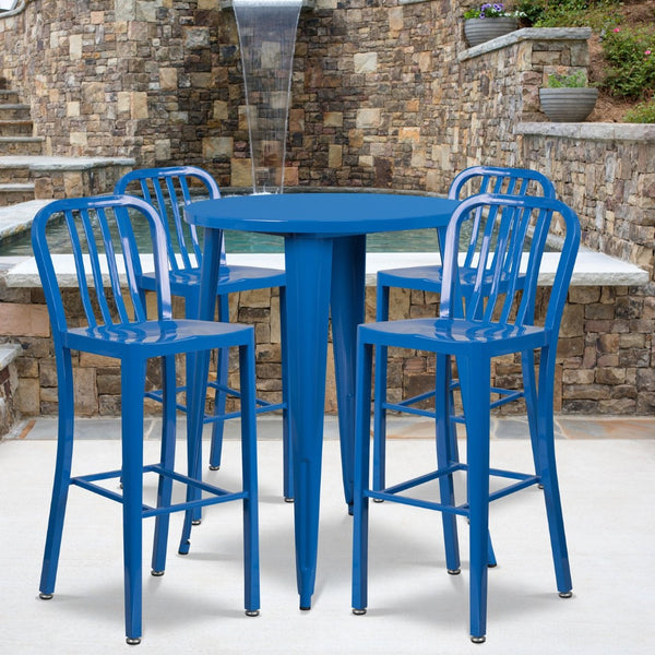English Elm Tristan Commercial Grade Metal Indoor-Outdoor Bar Table Set with 4 Stylish Vertical Slat Stools Blue 30" Round CH-51090BH-4-30VRT-BL-GG