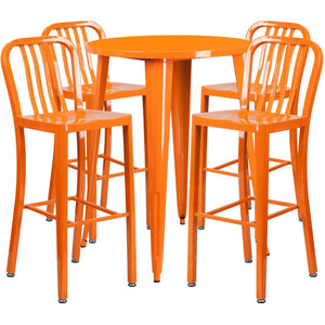 English Elm Tristan Commercial Grade Metal Indoor-Outdoor Bar Table Set with 4 Stylish Vertical Slat Stools Orange 30" Round CH-51090BH-4-30VRT-OR-GG