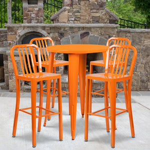 English Elm Tristan Commercial Grade Metal Indoor-Outdoor Bar Table Set with 4 Stylish Vertical Slat Stools Orange 30" Round CH-51090BH-4-30VRT-OR-GG