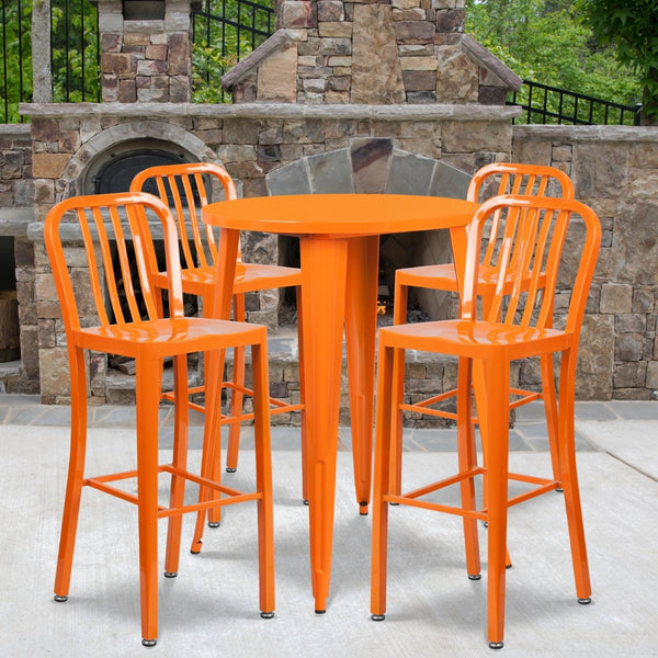 English Elm Tristan Commercial Grade Metal Indoor-Outdoor Bar Table Set with 4 Stylish Vertical Slat Stools Orange 30" Round CH-51090BH-4-30VRT-OR-GG