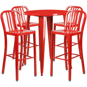 English Elm Tristan Commercial Grade Metal Indoor-Outdoor Bar Table Set with 4 Stylish Vertical Slat Stools Red 30" Round CH-51090BH-4-30VRT-RED-GG