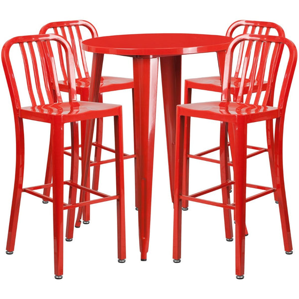 English Elm Tristan Commercial Grade Metal Indoor-Outdoor Bar Table Set with 4 Stylish Vertical Slat Stools Red 30" Round CH-51090BH-4-30VRT-RED-GG