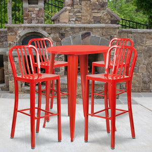 English Elm Tristan Commercial Grade Metal Indoor-Outdoor Bar Table Set with 4 Stylish Vertical Slat Stools Red 30" Round CH-51090BH-4-30VRT-RED-GG