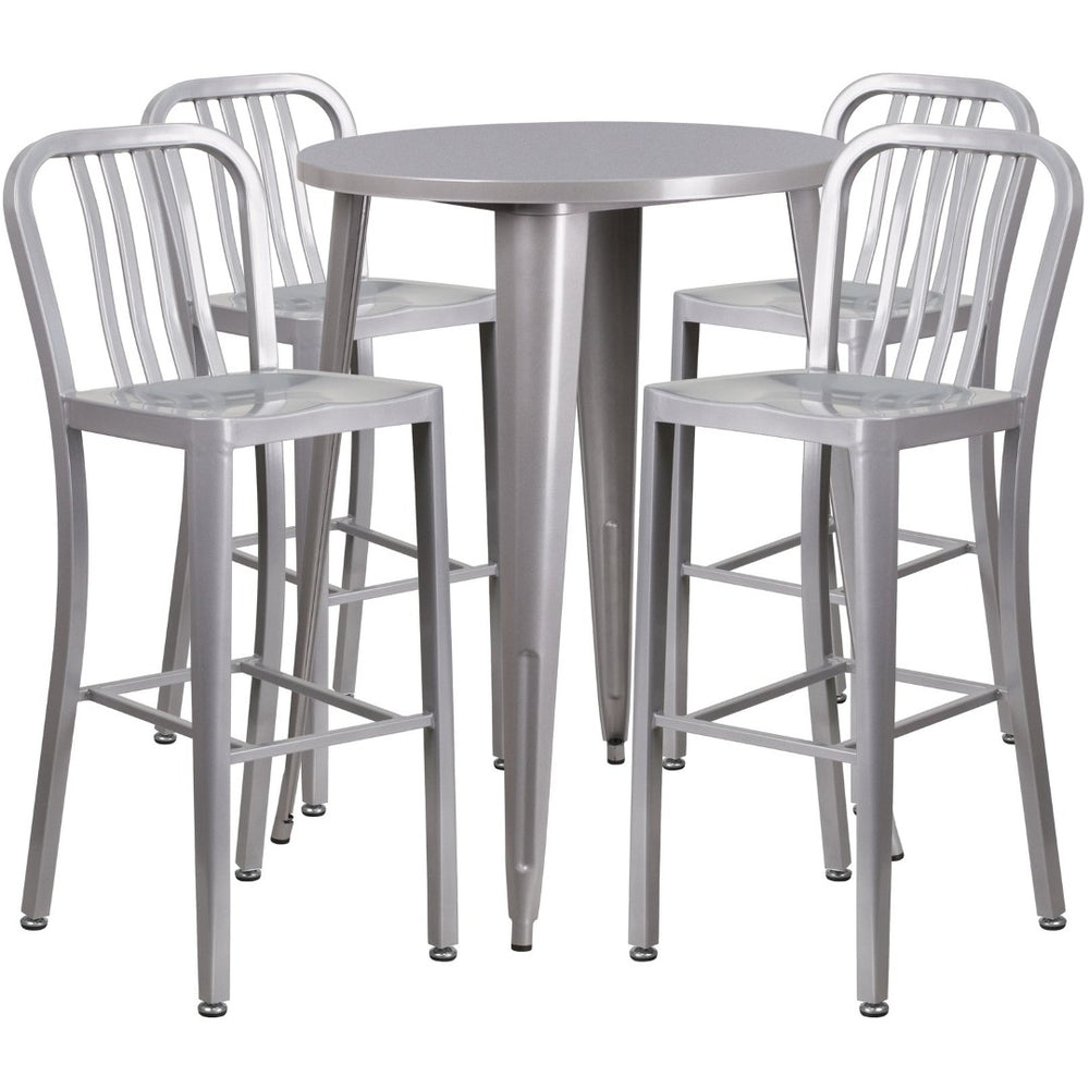 English Elm Tristan Commercial Grade Metal Indoor-Outdoor Bar Table Set with 4 Stylish Vertical Slat Stools Silver 30" Round CH-51090BH-4-30VRT-SIL-GG