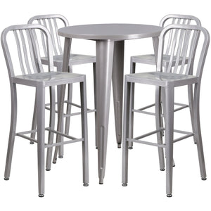 English Elm Tristan Commercial Grade Metal Indoor-Outdoor Bar Table Set with 4 Stylish Vertical Slat Stools Silver 30" Round CH-51090BH-4-30VRT-SIL-GG