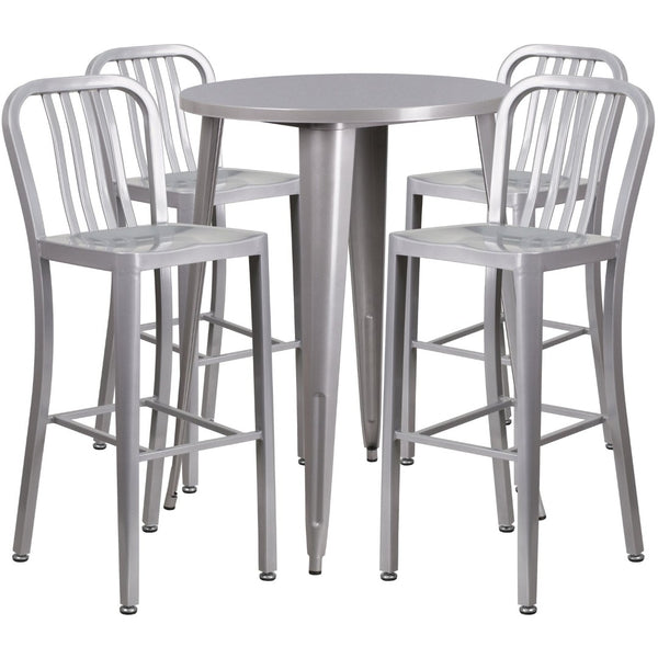English Elm Tristan Commercial Grade Metal Indoor-Outdoor Bar Table Set with 4 Stylish Vertical Slat Stools Silver 30" Round CH-51090BH-4-30VRT-SIL-GG