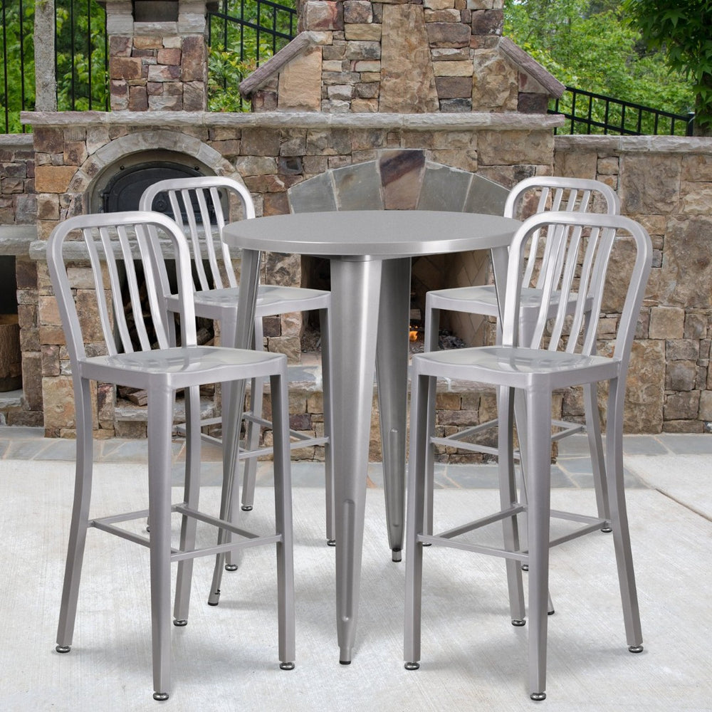 English Elm Tristan Commercial Grade Metal Indoor-Outdoor Bar Table Set with 4 Stylish Vertical Slat Stools Silver 30" Round CH-51090BH-4-30VRT-SIL-GG